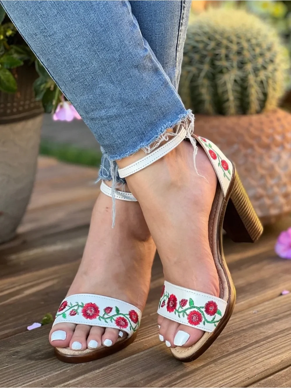 White Floral Embroidered Ankle-Strap Heels - Picture 3 of 7